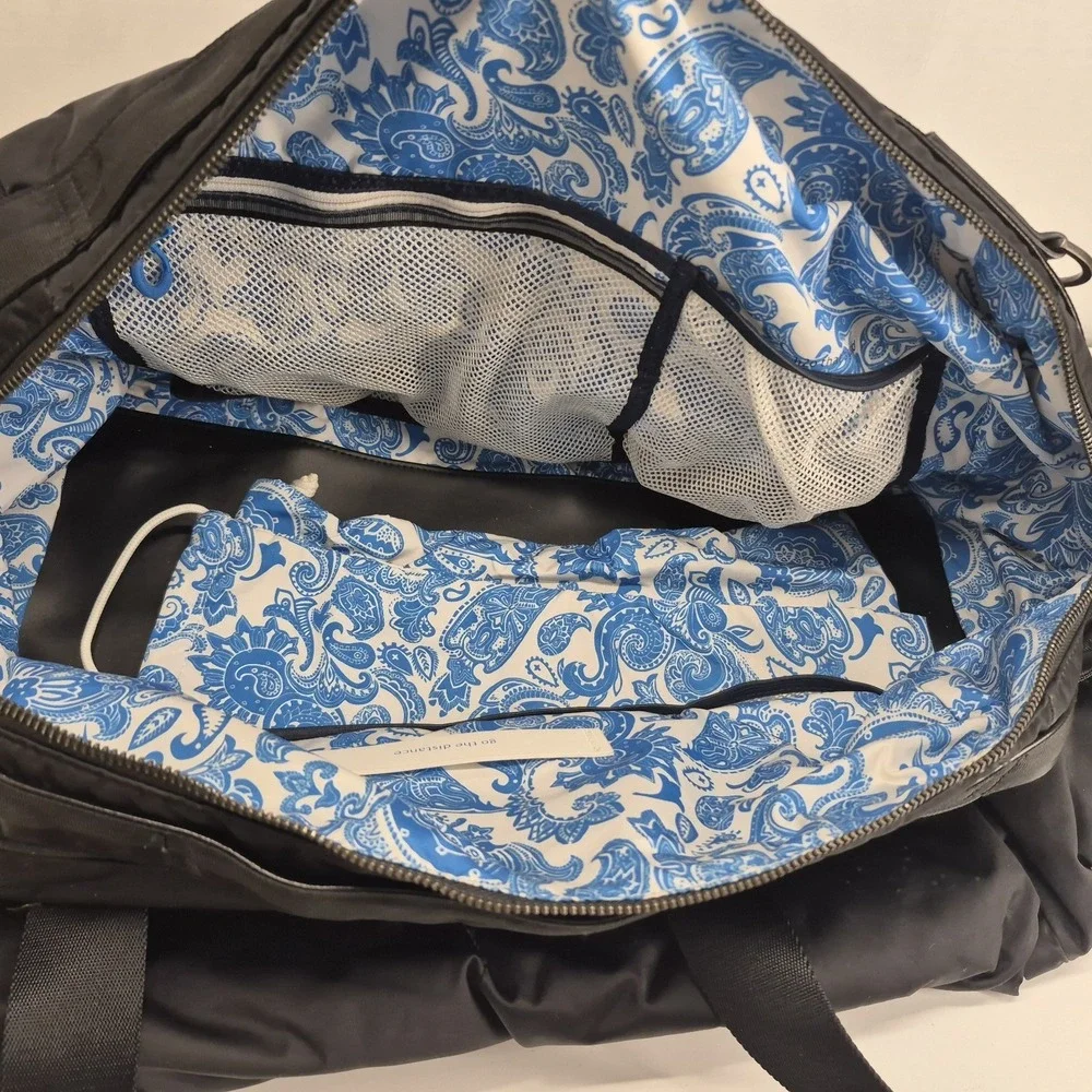 Lululemon Keep It Classy Duffel Bag Black Nylon Gym Weekender Blue Paisley